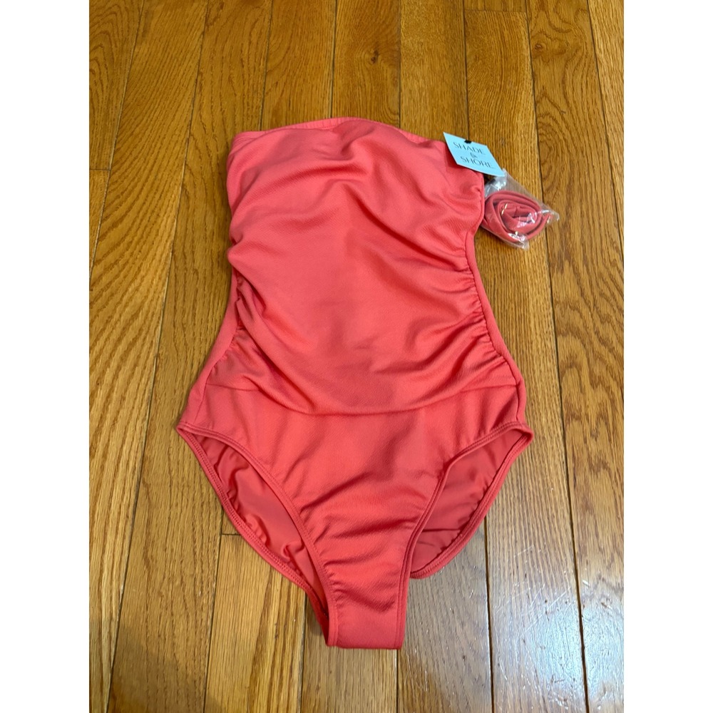 Shade & Shore Women Coral Pink Ruched Bandeau One Piece Swimsuit Size S 4-6 NEW